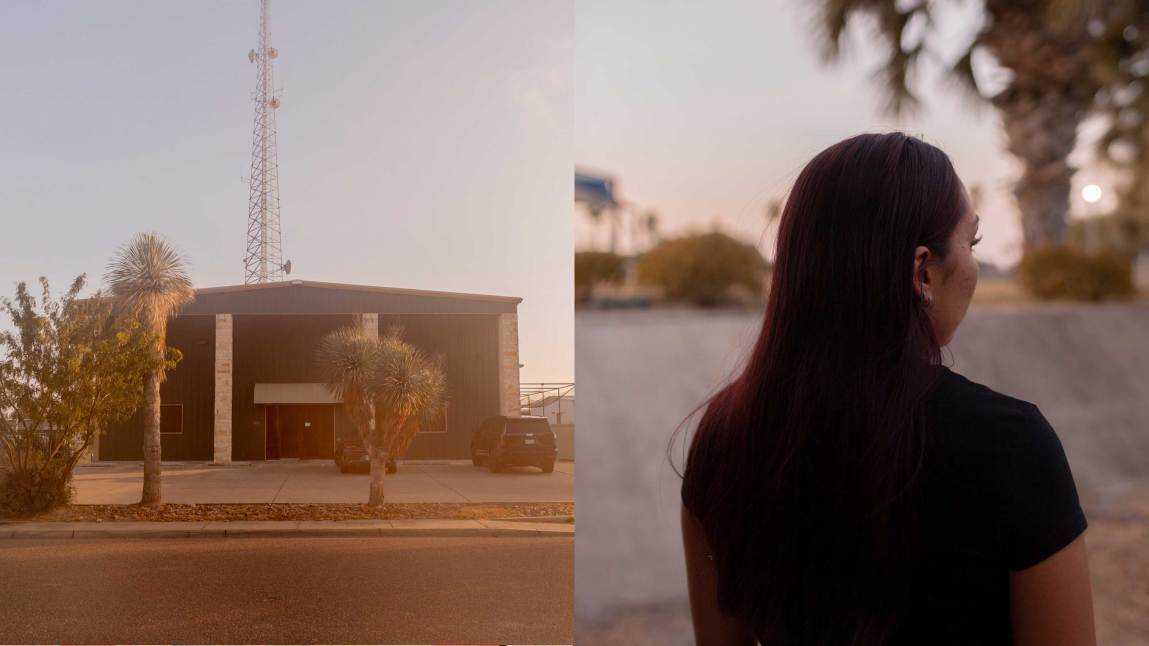 A splitscreen: On the left, an image of a large warehouse-like building with cacti out front. On the right, a young woman with long dark hair faces away from the camera, with vegetation and a light in the background.
