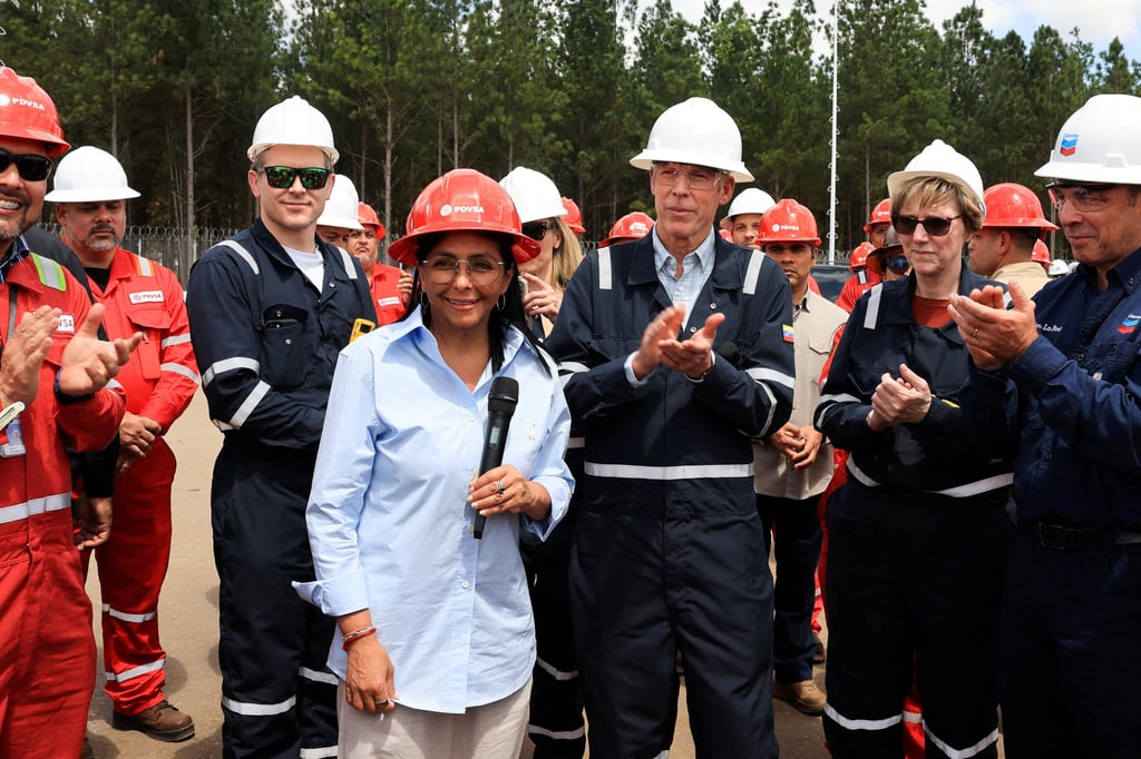 Venezuela’s interim President Delcy Rodriguez, US Energy Secretary Chris Wright and US Charge d’Affaires for Venezuela Laura Dogu visit oil production facilities in Maturin, Monagas state, in February. Photo: Miraflores Palace via Reuters Venezuela’s interim President Delcy Rodriguez, US Energy Secretary Chris Wright and US Charge d’Affaires for Venezuela Laura Dogu visit oil production facilities in Maturin, Monagas state, in February. Photo: Miraflores Palace via Reuters