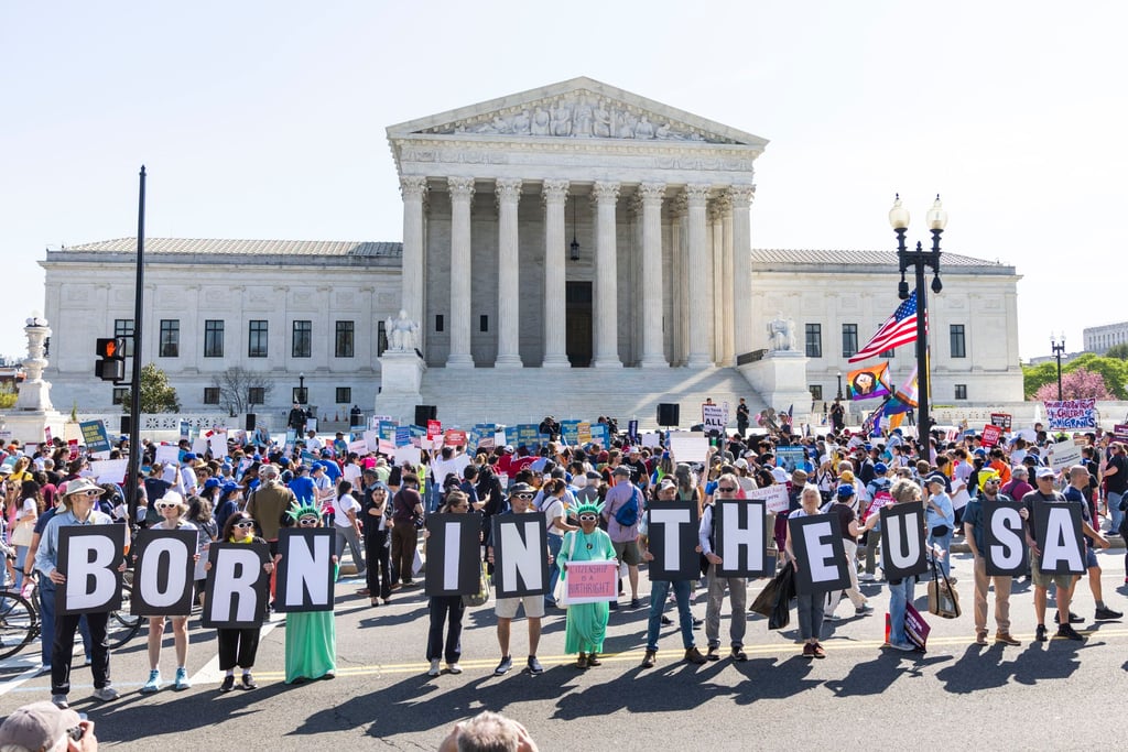 Protesters gather outside the Supreme Court as the justices hear oral arguments in the birthright citizenship case in Washington in April. Photo: EPA Protesters gather outside the Supreme Court as the justices hear oral arguments in the birthright citizenship case in Washington in April. Photo: EPA