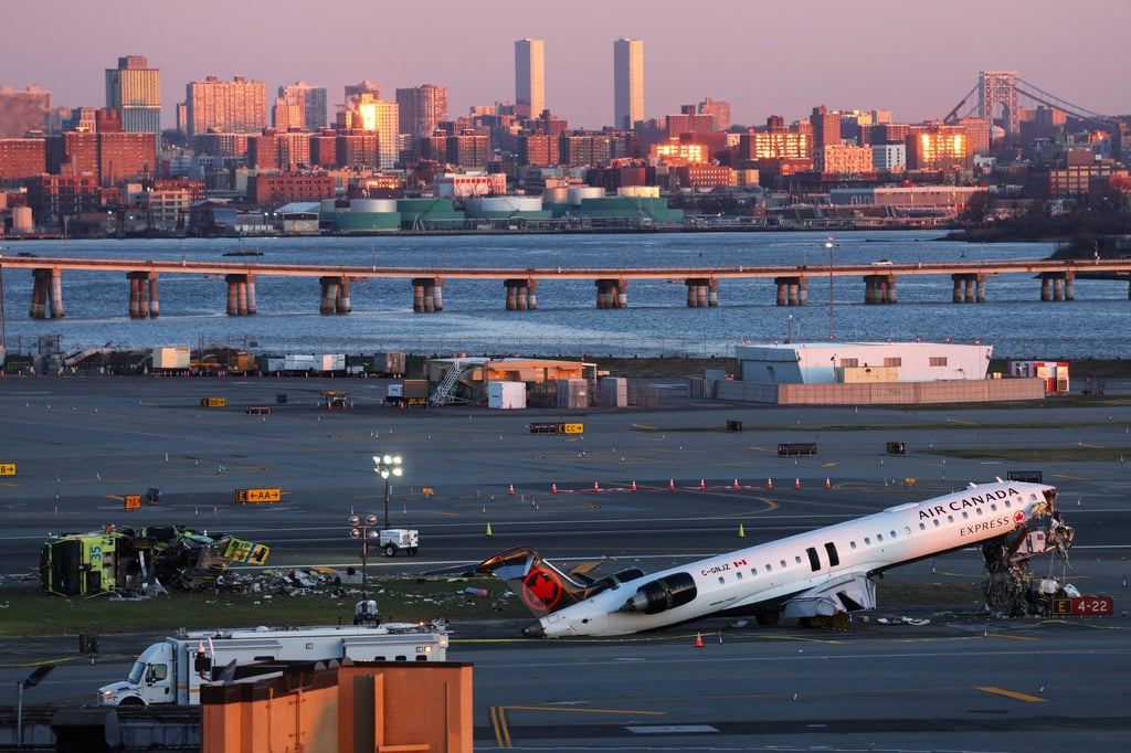 The wreckage of an Air Canada Express jet that collided with a ground vehicle is seen at New York’s LaGuardia Airport in March. Photo: Reuters The wreckage of an Air Canada Express jet that collided with a ground vehicle is seen at New York’s LaGuardia Airport in March. Photo: Reuters