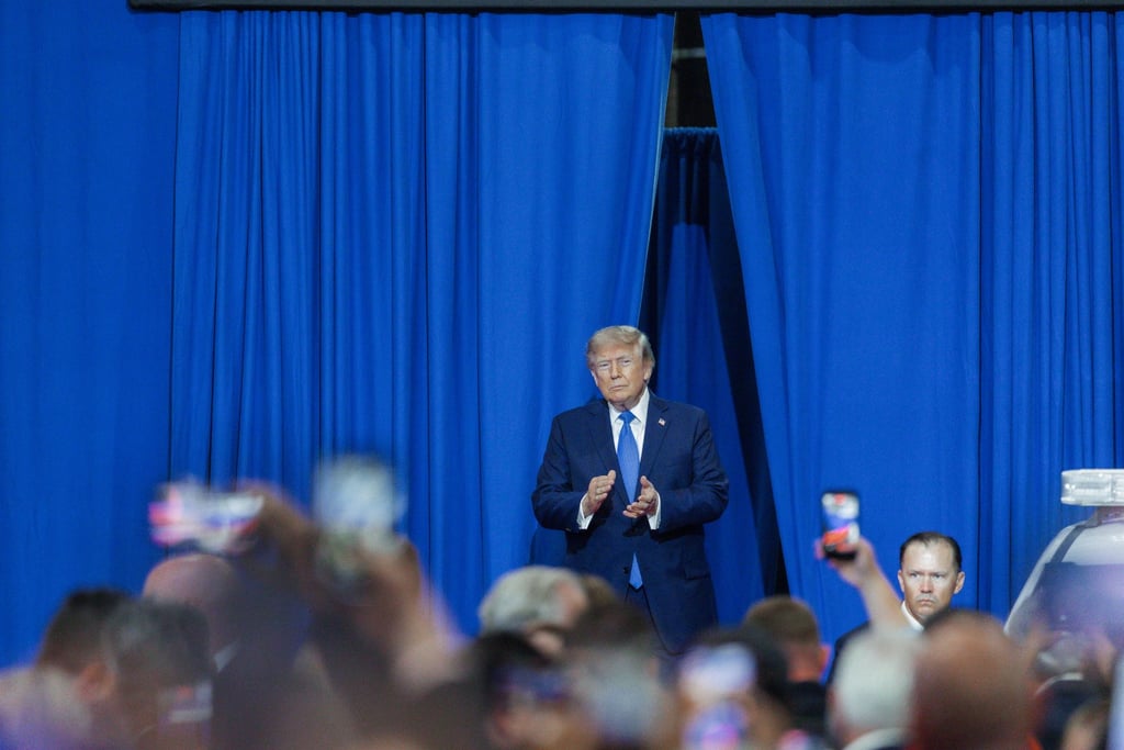 US President Donald Trump in Garden City, Nassau County, on Long Island, New York on Friday, where he boasted that the US blockade of Iranian ports was a “wall of steel”. Photo: EPA US President Donald Trump in Garden City, Nassau County, on Long Island, New York on Friday, where he boasted that the US blockade of Iranian ports was a “wall of steel”. Photo: EPA