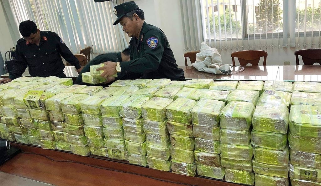 Vietnamese officers stack packages of seized methamphetamine at a police station in Ho Chi Minh City in March 2019. Photo: Vietnam News Agency/AFP Vietnamese officers stack packages of seized methamphetamine at a police station in Ho Chi Minh City in March 2019. Photo: Vietnam News Agency/AFP