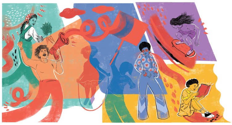 A multicolored illustration shows women and girls playing, protesting, skateboarding, reading and gardening.