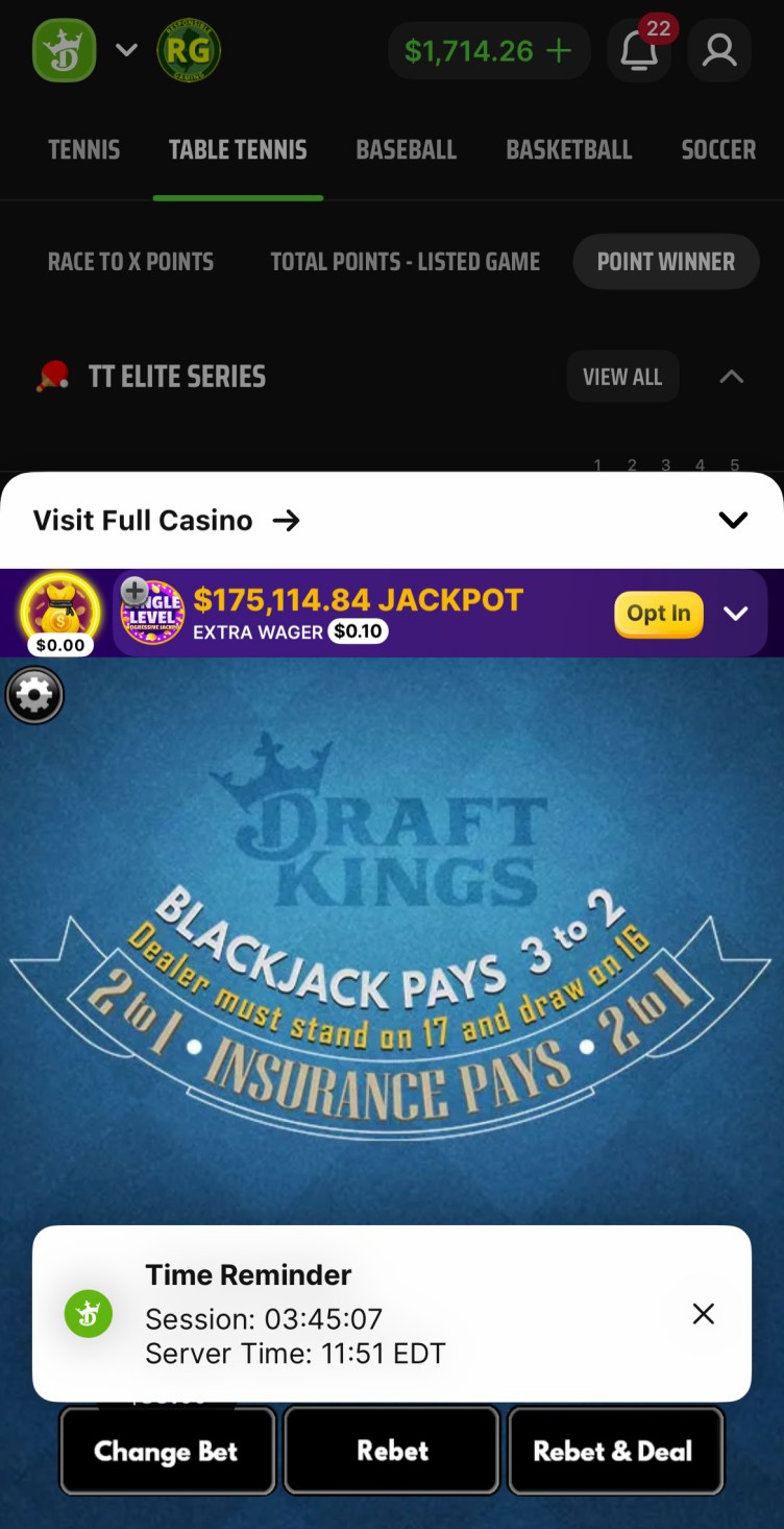 A blackjack table with a small notification that reads: “Time Reminder: Session: 03:45:07. Server time: 11:51 EDT.”
