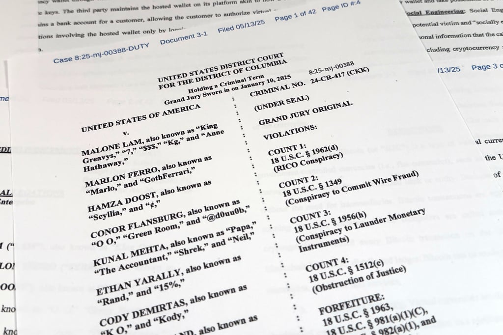 The US Justice Department grand jury superseding indictment against Malone Lam and his co-defendants is photographed on Friday. Photo: AP The US Justice Department grand jury superseding indictment against Malone Lam and his co-defendants is photographed on Friday. Photo: AP
