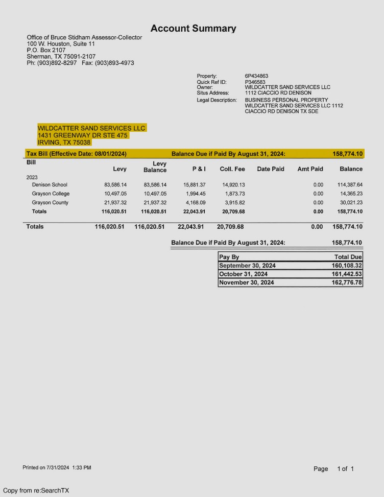 A property tax account summary statement for Wildcatter Sand Services LLC. The highlighted section shows an address in Irving, Texas, and a total balance due of $158,774.10 if paid by August 31, 2024.