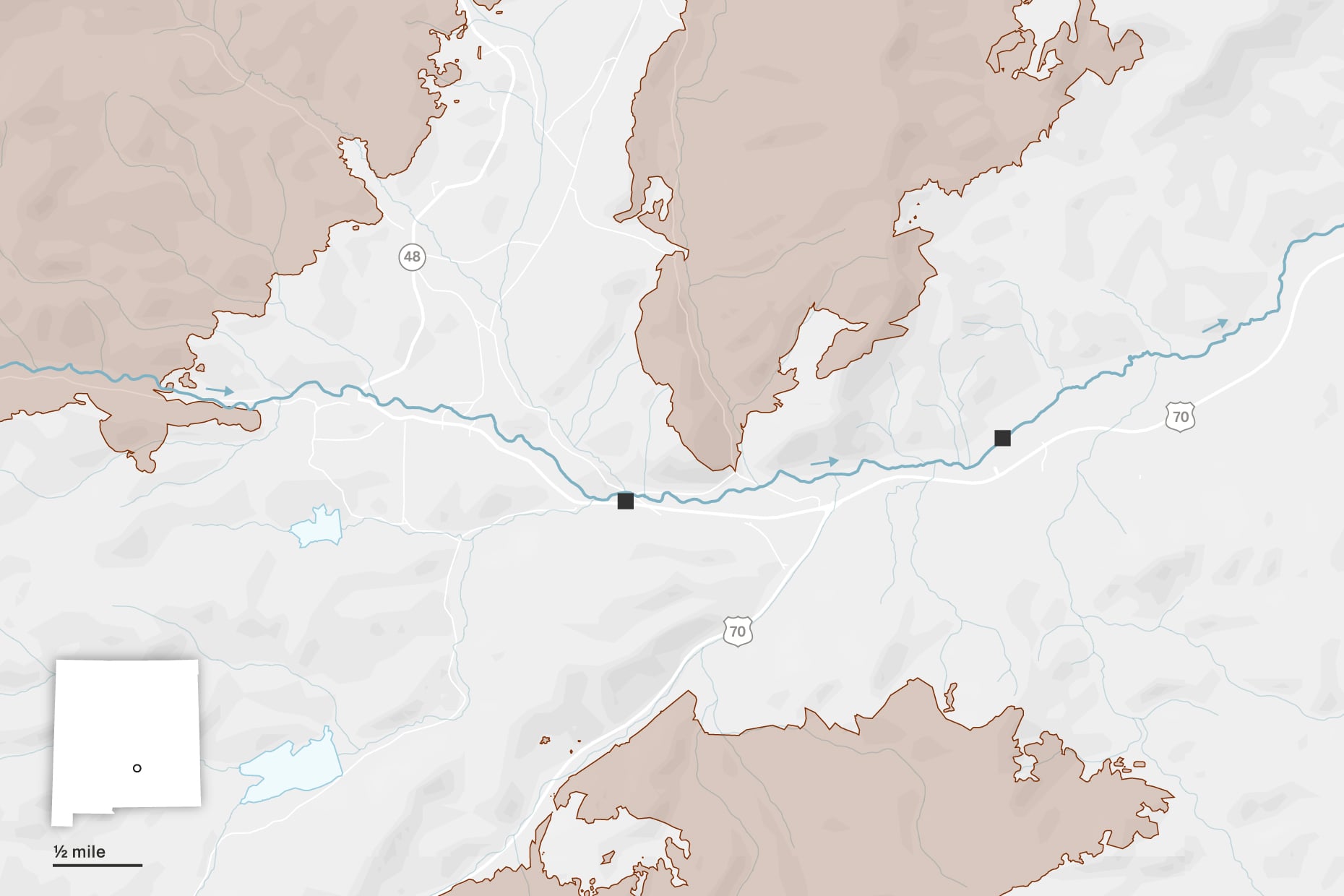 A map shows the towns of Ruidoso and Ruidoso Downs. The Rio Ruidoso runs from west to east through both towns. Two locations are identified along the river: the Riverview RV Park and a racetrack. The towns are surrounded by three large burn scars: the Salt Fire to the south, the South Fork Fire to the west and the McBride Fire to the north. 