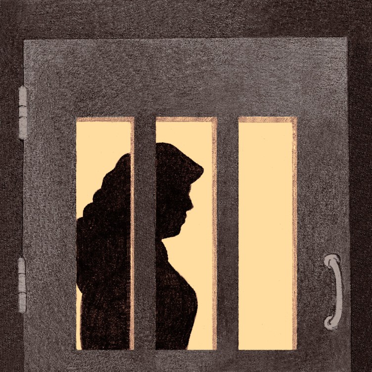 An illustration shows the dark profile silhouette of a woman visible through the vertical barred window of a heavy cell door.